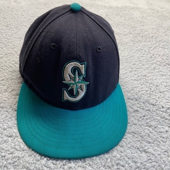 Seattle Mariners Hat Men's‎ 7 Fitted New Era 59 Fifty Cap,Emboridered,Black,Blue - Picture 1 of 9